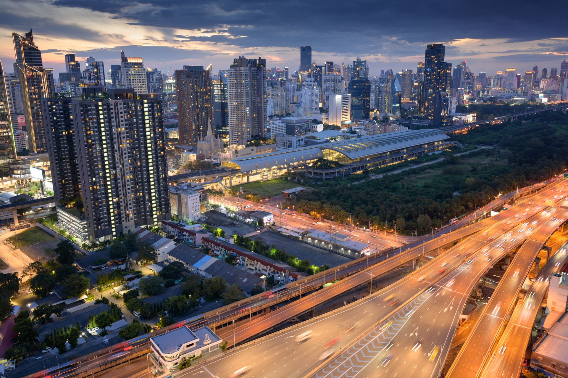 Bangkok metropolis infastructure concept urban road connection lines of Rama9 Bangkok Downtown